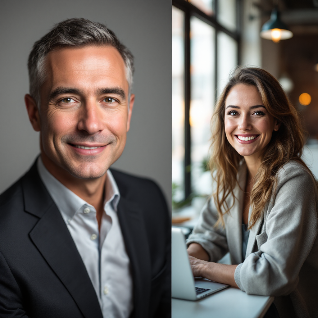 Image from two different sessions showing headshot and branding look.